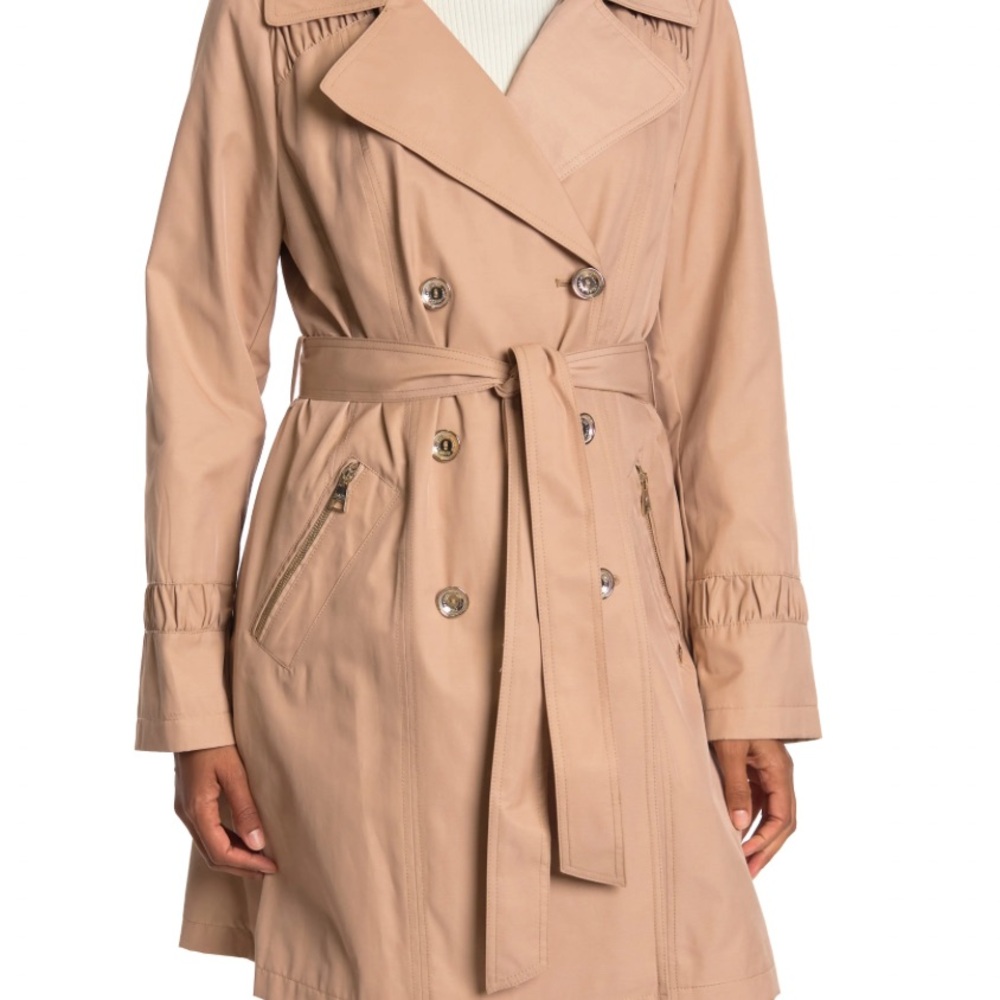 **SOLD** Karl Lagerfeld Tan Hooded Trench Coat with Belted Waist